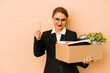 © Asier - Young skinny arab business woman moving job isolated showing number one with finger.