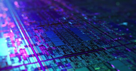 Wall Mural - digital futuristic chip, microchip processor with neon lights. quantum computer, large data processi