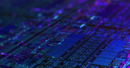 Canvas Print - digital futuristic chip, microchip processor with neon lights. quantum computer, large data processi
