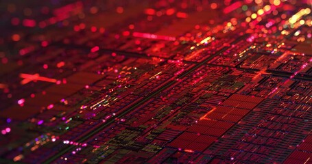 Canvas Print - iridescent multi colored silicon computer wafer with data moving within circuitry. central computer 
