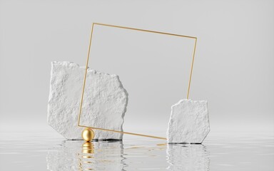 3d render, abstract white background with cobblestones and golden square frame, liquid floor with reflection, modern minimal showcase for product display.