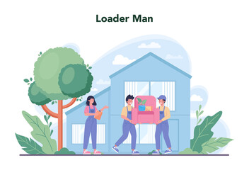 Wall Mural - Loader concept. Worker in uniform carrying boxes set.