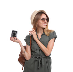 Wall Mural - Happy woman with backpack and camera on white background. Summer travel