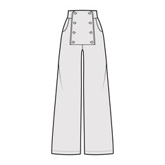 Wall Mural - Set of Pants sailor technical fashion illustration with normal waist, high rise, full length, pockets, front buttons. Flat trousers bottom apparel template grey color. Women, men, unisex CAD