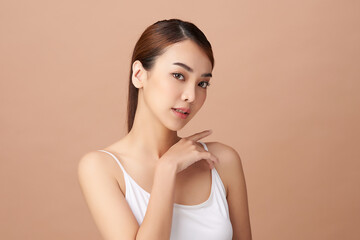 Wall Mural - Beautiful young asian woman with clean fresh skin on white background, Face care, Facial treatment, Cosmetology, beauty and spa, Asian women portrait