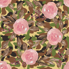 Floral camo camouflage seamless pattern with pink roses flowers. Military army design, textile for masking hiding hunting. Print for war soldiers in jungle desert forest outdoors, trendy style texture