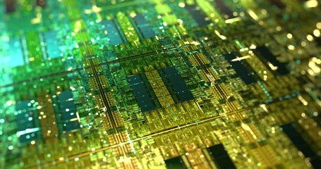 Canvas Print - electronic computer hardware, silicon wafer with gold elements. data flow with lights. high tech sci