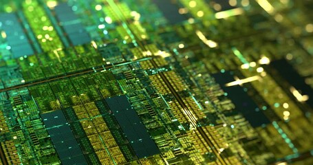 Canvas Print - electronic computer hardware, silicon wafer with gold elements. data flow with lights. high tech sci