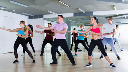 Wall Mural - glad men and ladies dancing aerobics at lesson in the dance class