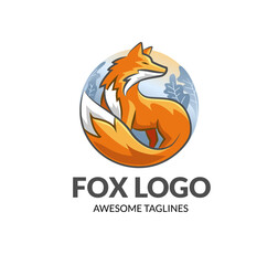 Wall Mural - fox and autumn leaves with circle background logo vector illustration
