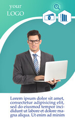 Wall Mural - Handsome businessman with laptop on color background with space for text