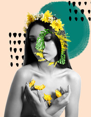 Wall Mural - Creative collage of beautiful young woman with flowers on color background