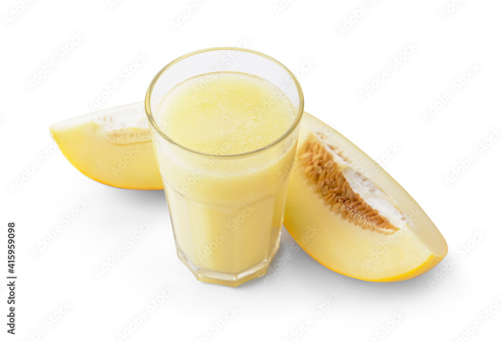 Glass with melon smoothie on white background