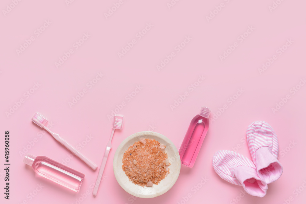Set of bath accessories for baby on color background
