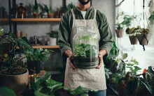 Shop Assistant Holding Terrarium In Indoor Potted Plant Store, Small Business Concept.