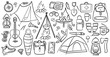 Set of doodle forest camping design elements. Hand drawn hiking and camping doodles perfect for summer camp flyers and posters.