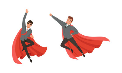 Poster - Superhero Business People in Red Capes in Action Set, Successful Businessmen Characters, Leadership and Victory Concept Cartoon Vector Illustration