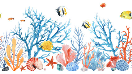 beautiful seamless horizontal underwater pattern with watercolor sea life colorful corals and fish. 