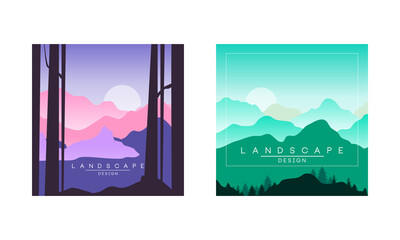 Sticker - Beautiful Mountain Landscape at Sunset and at Day Time, Peaceful Nature Background, Banner, Poster, Cover Set Vector Illustration