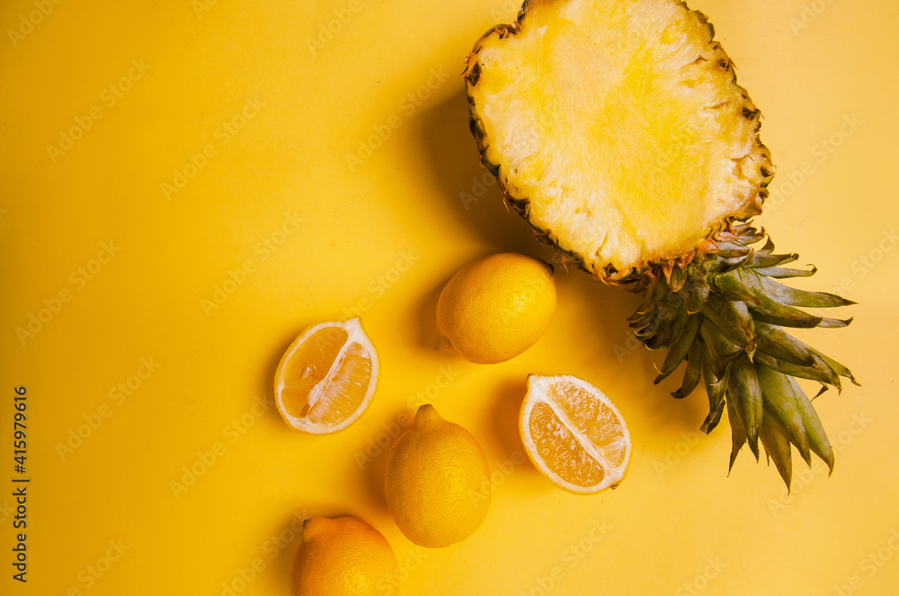 yellow-fruits-on-yellow-background-copy-space-pantone-2021-beautiful-juicy-colorful