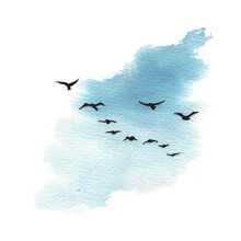 Watercolor Illustration.  Blue Sky And Birds Fly South.  A Flock Of Migratory Birds.