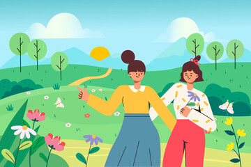 Wall Mural - the illustration of girls going for an outing in spring