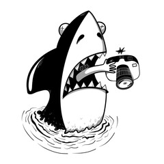 Wall Mural - black and white shark with a camera protruding from its mouth, an illustration on a white background.