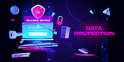 Personal data protection cartoon landing page. Internet social networks media cyber privacy, protect confidential information. Laptop screen with key, lock, login and password form, Vector web banner