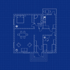 Blueprint floor plan of a modern apartment on graph paper.  Vector blueprint. Architectural background.