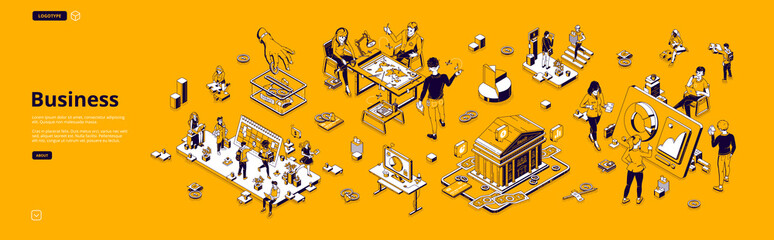 Business isometric landing page. Workplace interior with people work on computers, gadgets, brainstorm and coworking cooperation in area for teamwork, office lifestyle 3d vector line art, web banner