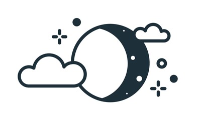 Wall Mural - lunar eclipse sign. simple weather icon with half moon or waxing crescent with stars and clouds in s