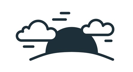 Wall Mural - simple sunset icon in line art style with black sun setting behind hill with clouds in sky. solar ci
