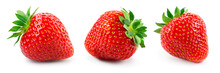 Strawberry Isolated. Strawberries With Leaf Isolate. Whole Strawberry on White. Strawberries isolate. Side View Strawberries Set. Full Depth Of Field.