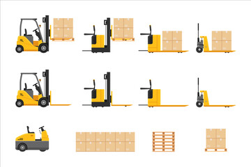 Wall Mural - Forklift at work set with parcel stacking cardboard box rack depot and warehouse storage, merchandise, shipment and logistic management vector illustration isolated on white background