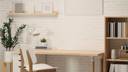3d rendering, home office with worktable, book shelf, plant pot, frame, other decorations and chair,