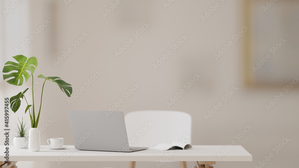 3D rendering, study table with laptop, book, supplies and plant vase in living room, 3D illustration - obrazy, fototapety, plakaty 