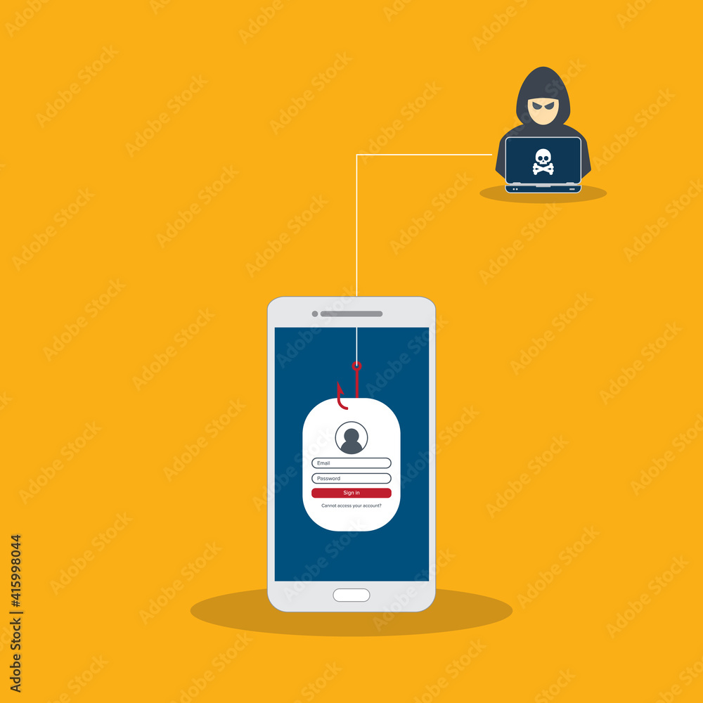 Hacker and sign-in form on fishing hook on the screen of a smartphone ...
