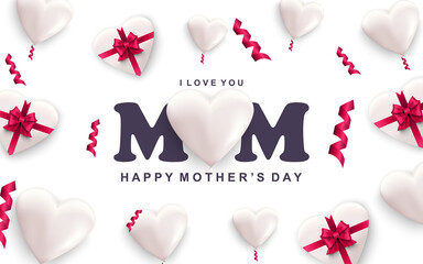 Poster - Happy mother's day greeting card. White hearts with red ribbon bows and falling confetti. Holiday congratulation vector illustration. Art realism, beautiful web banner with realistic 3d elements.