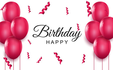 Poster - Happy birthday elegant greeting card. Pink air balloons and falling confetti on white background. Holiday congratulation vector illustration. Art realism, beautiful banner with realistic 3d elements.