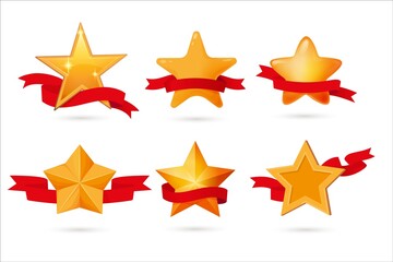 Wall Mural - Gold star with award ribbon classic emblem design set. Certificate insignia mark, winner medal prize, advantage approval warranty, competition reward vector illustration isolated on white background