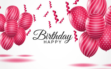 Poster - Happy birthday greeting card. Striped pink air balloons and falling confetti on white background. Holiday congratulation vector illustration. Art realism, romantic banner with realistic 3d elements.