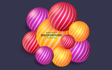 Wall Mural - Colorful abstract background with realistic 3d balls. Bright geometric composition with striped spheres and copy space for text. Modern cover design vector illustration. Art realism, dynamic banner.