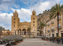 Cathedral Basilica Of Cefalu At Square Piazza Del Duomo In The Old Town Of Cefalu, Sicily