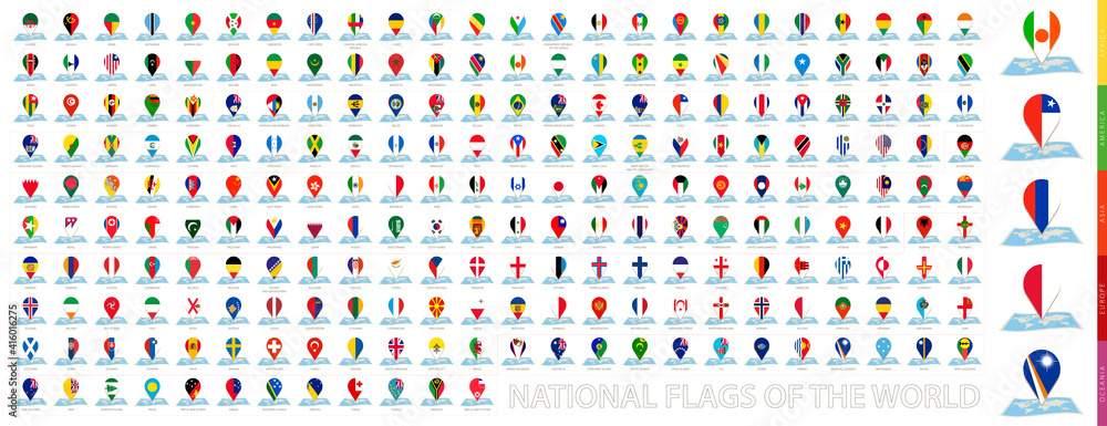 Maps of the world with pin flags of 228 countries. - obrazy, fototapety, plakaty 