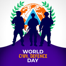World Civil Defence Day With A Symbol Of Rice Surrounding The Earth And A Triangular Symbol With Army.
