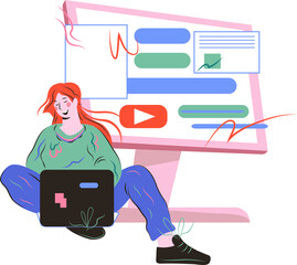 Young woman developer or programmer, seo manager working at laptop next to huge computer screen. Mobile application development and design, cartoon vector illustration isolated on white background.