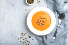 Autumn Pumpkin Cream Soup With Seeds Is Healthy Organic Vegetarian Food