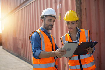 Business Logistics concept, Foreman control loading Containers box of cargo freight ship for Logistic planning and explain work with young worker woman