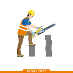 Wall Mural - Works as a saw. Worker, builder works with a construction tool. Vector illustration of a man constructor with instruments in his hands