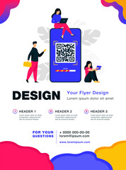 Sticker - Tiny people using QR code for online payment isolated flat vector illustration. Cartoon infographic characters using smartphone for scan of QR code. Digital wallet and modern technology concept